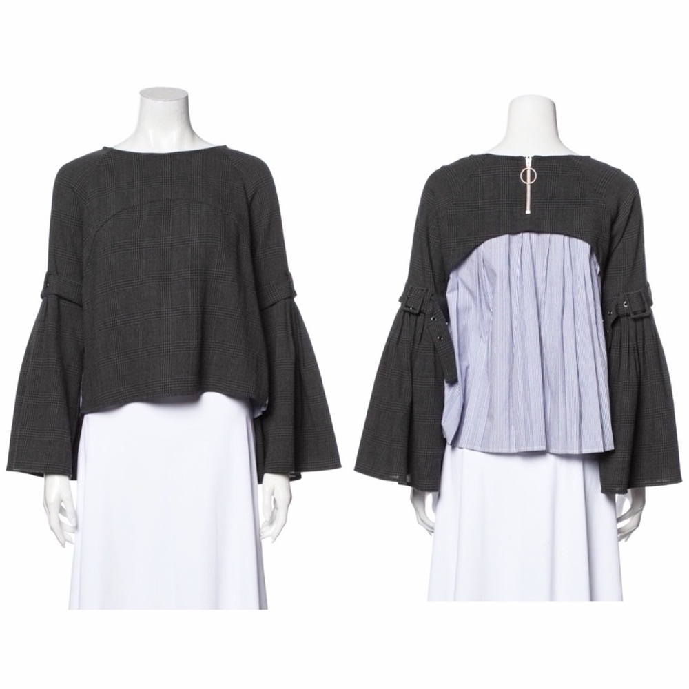 SEA NEW YORK Mixed Media Wool Plaid Print Cotton Pinstripe Top Bell Sleeve Top